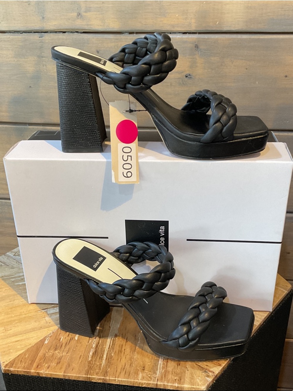 Dolce Vita Black Braided Double-Strap Block Heel Sandals